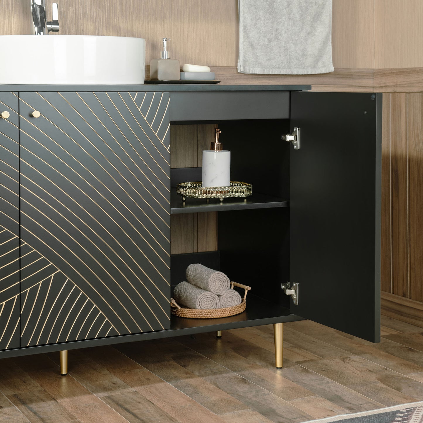 WOODBRIDGE 48" Dubai-BG-48 | Modern Bathroom Vanity | with Round Ceramic Vessel Sink, Black Engineered Stone Top, Matte Black Finish, Gold Accents & Slim Frame Design
