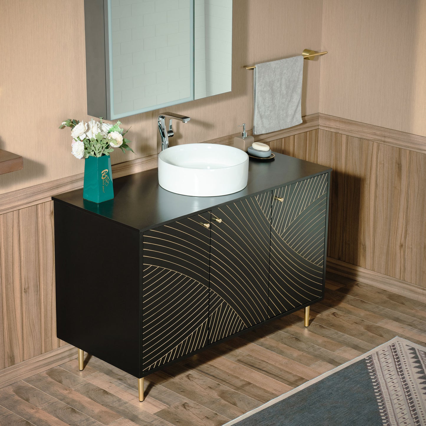 WOODBRIDGE 48" Dubai-BG-48 | Modern Bathroom Vanity | with Round Ceramic Vessel Sink, Black Engineered Stone Top, Matte Black Finish, Gold Accents & Slim Frame Design
