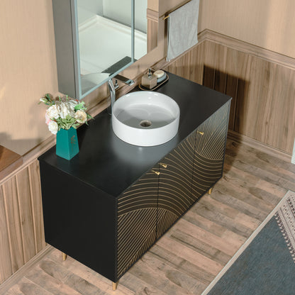 WOODBRIDGE 48" Dubai-BG-48 | Modern Bathroom Vanity | with Round Ceramic Vessel Sink, Black Engineered Stone Top, Matte Black Finish, Gold Accents & Slim Frame Design