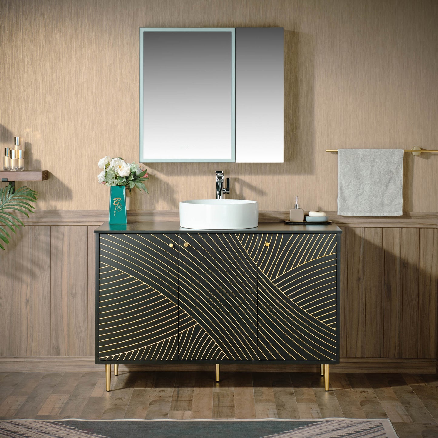 WOODBRIDGE 48" Dubai-BG-48 | Modern Bathroom Vanity | with Round Ceramic Vessel Sink, Black Engineered Stone Top, Matte Black Finish, Gold Accents & Slim Frame Design