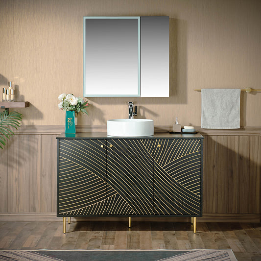 WOODBRIDGE 48" Dubai-BG-48 | Modern Bathroom Vanity | with Round Ceramic Vessel Sink, Black Engineered Stone Top, Matte Black Finish, Gold Accents & Slim Frame Design