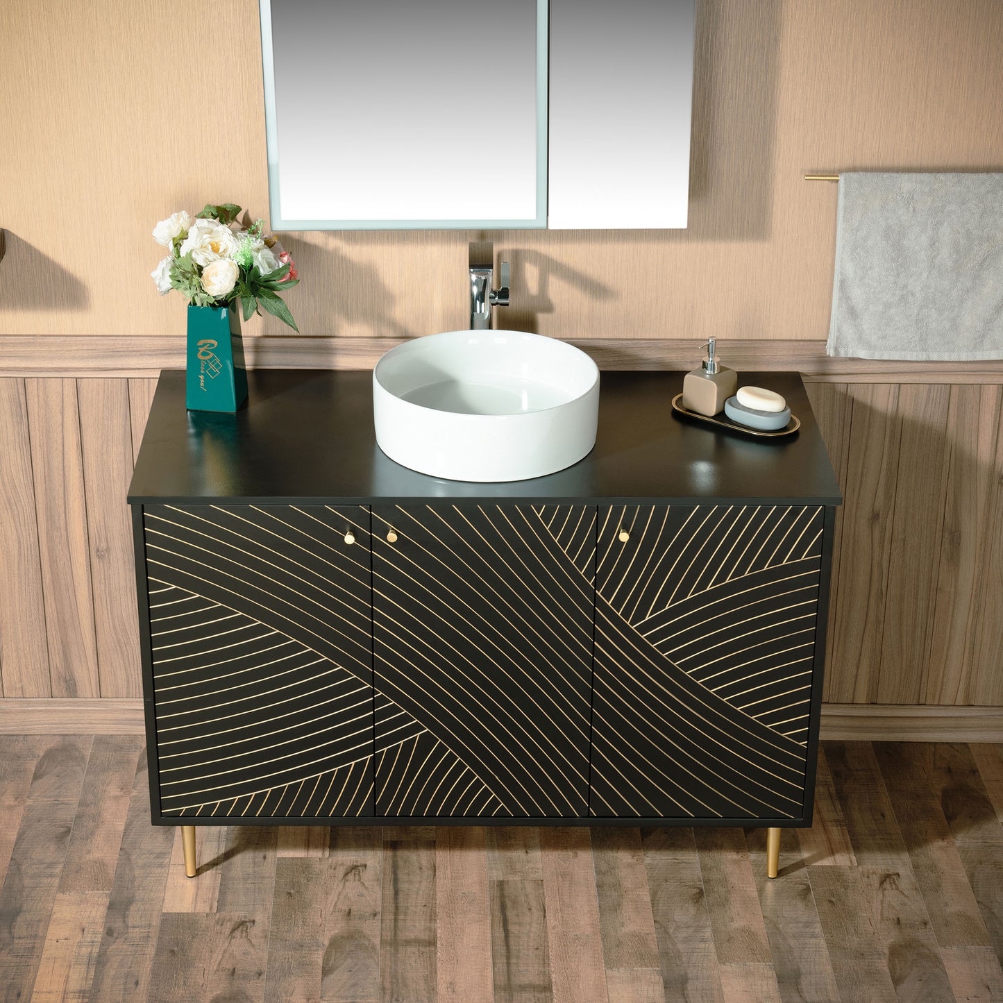 WOODBRIDGE 48" Dubai-BG-48 | Modern Bathroom Vanity | with Round Ceramic Vessel Sink, Black Engineered Stone Top, Matte Black Finish, Gold Accents & Slim Frame Design
