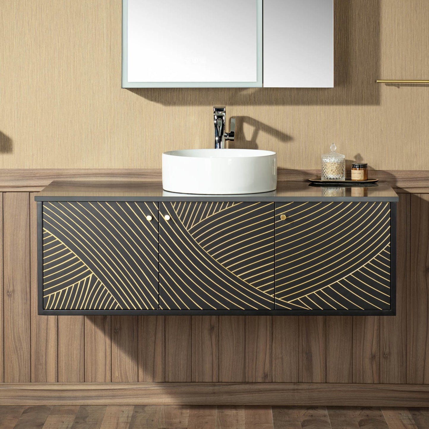 WOODBRIDGE 48" Dubai-BG-48FW | Wall-Mounted Floating Bathroom Vanity with Black Stone Top & Round Vessel Sink