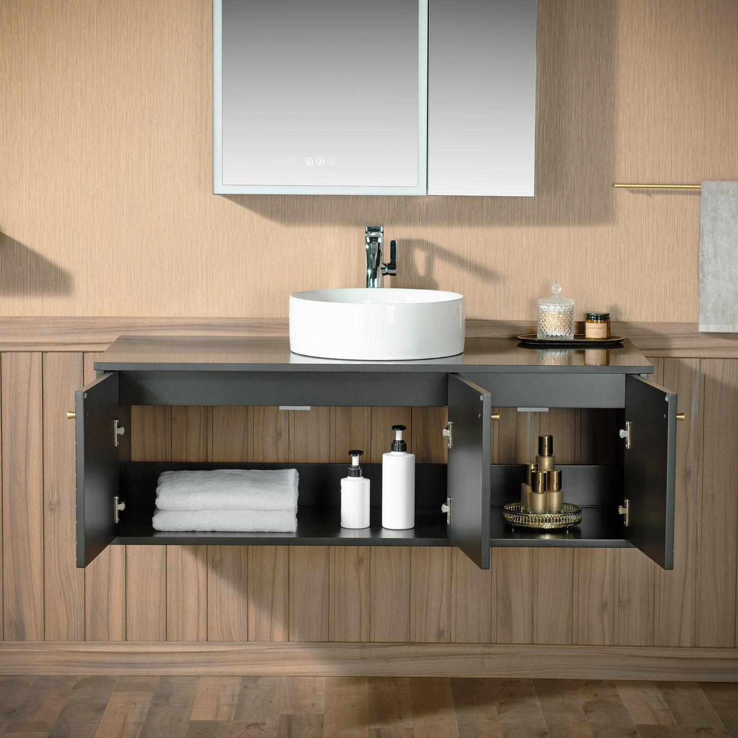 WOODBRIDGE 48" Dubai-BG-48FW | Wall-Mounted Floating Bathroom Vanity with Black Stone Top & Round Vessel Sink