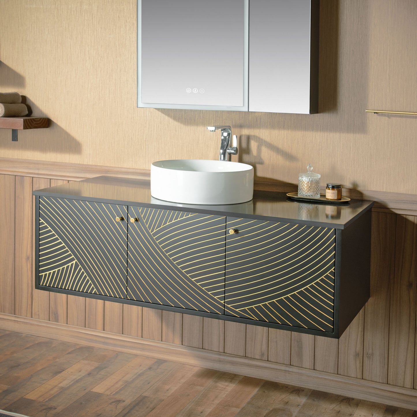 WOODBRIDGE 48" Dubai-BG-48FW | Wall-Mounted Floating Bathroom Vanity with Black Stone Top & Round Vessel Sink