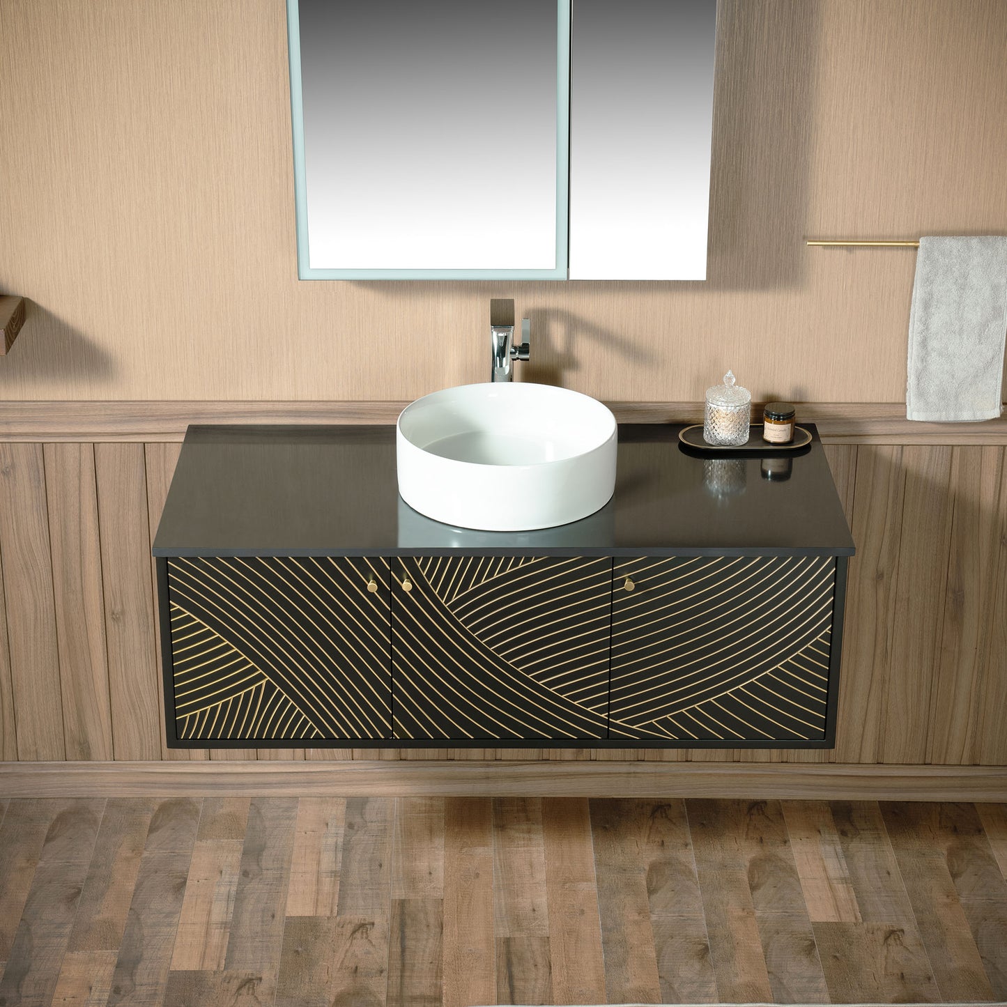 WOODBRIDGE 48" Dubai-BG-48FW | Wall-Mounted Floating Bathroom Vanity with Black Stone Top & Round Vessel Sink