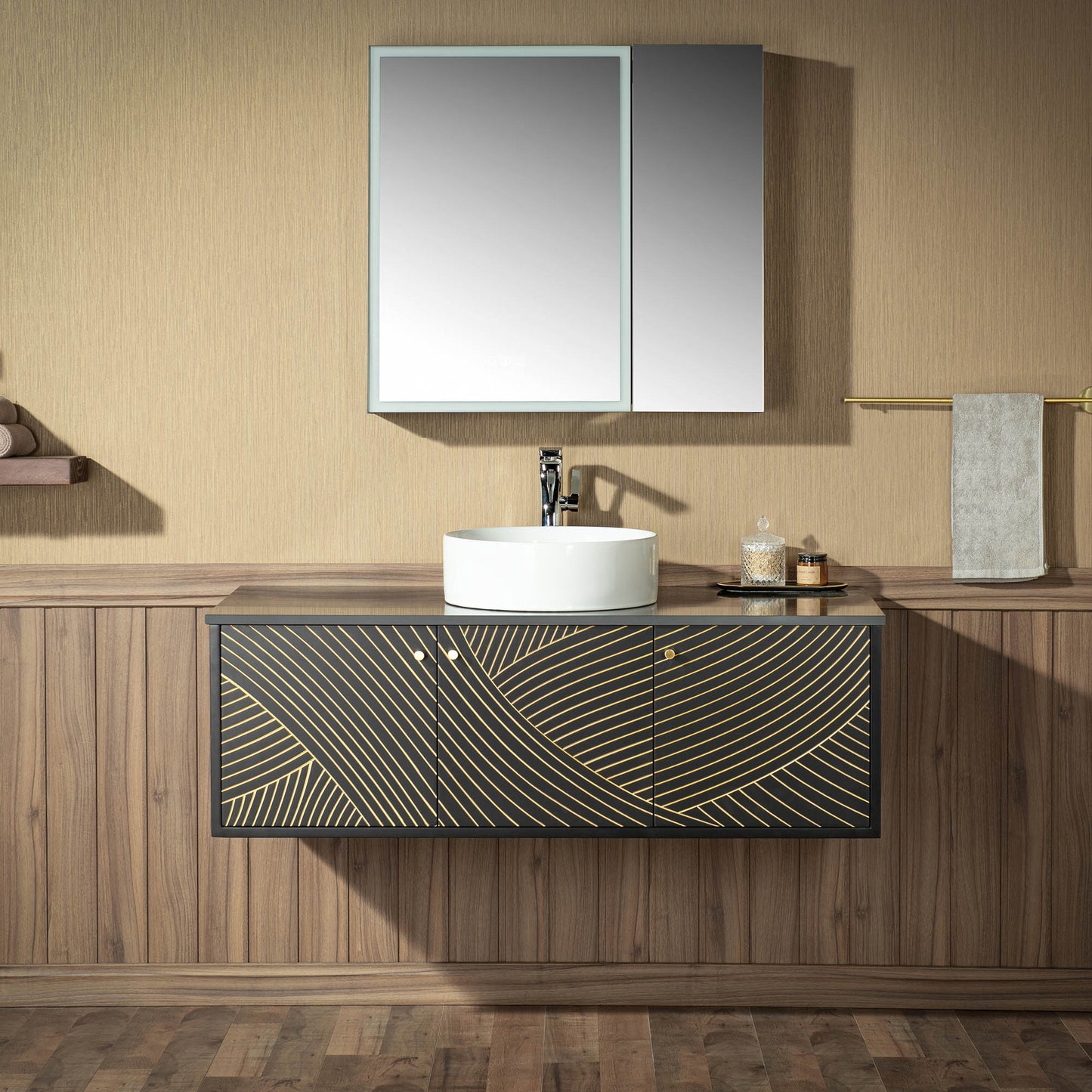 WOODBRIDGE 48" Dubai-BG-48FW | Wall-Mounted Floating Bathroom Vanity with Black Stone Top & Round Vessel Sink