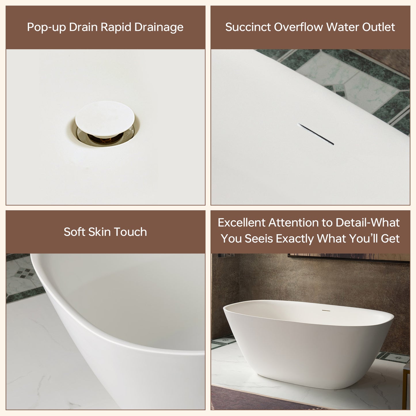 WOODBRIDGE 59" B0047-2.0 | Contemporary Freestanding Solid Surface Stone Resin Bathtub |  Matte White Luxury Soaking Tub