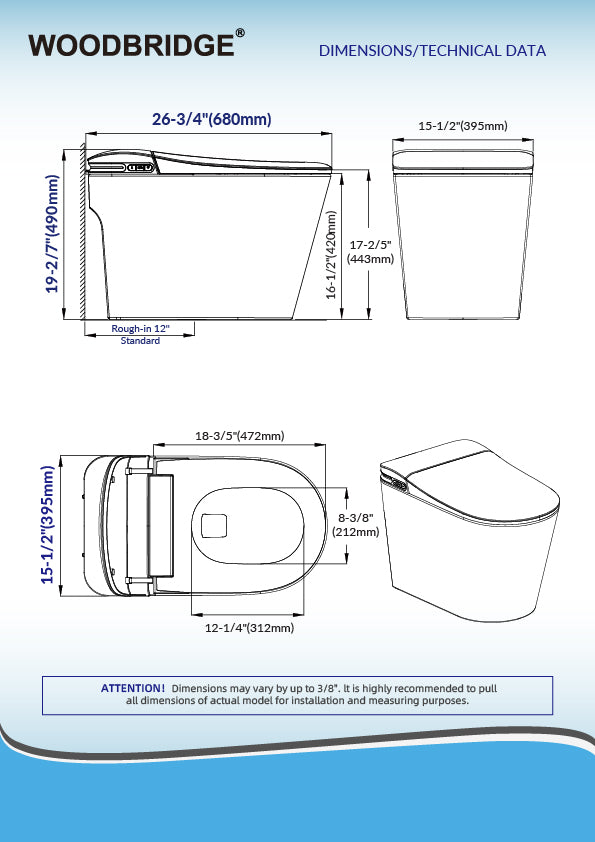 WOODBRIDGE GT071-2.0 |  ADA Height Smart Bidet Toilet | with Auto Lid, UV Nozzle & Warm Air Dryer
