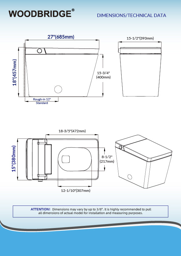 WOODBRIDGE EBT-WH01-2.0 | Square Smart Bidet Toilet | with Auto Flush, Heated Seat & Warm Water