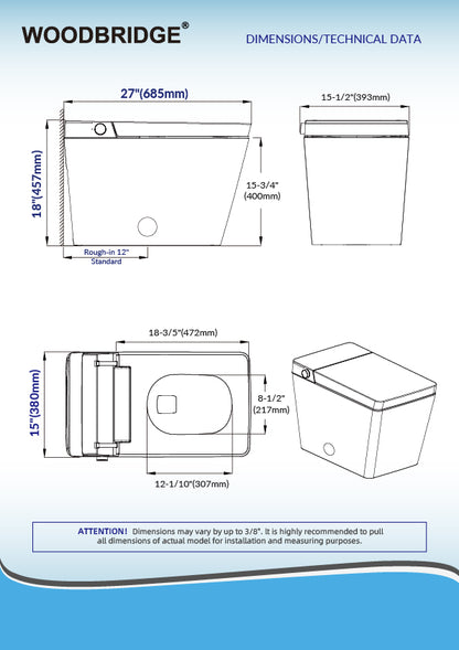WOODBRIDGE EBT-WH01-2.0 | Square Smart Bidet Toilet | with Auto Flush, Heated Seat & Warm Water