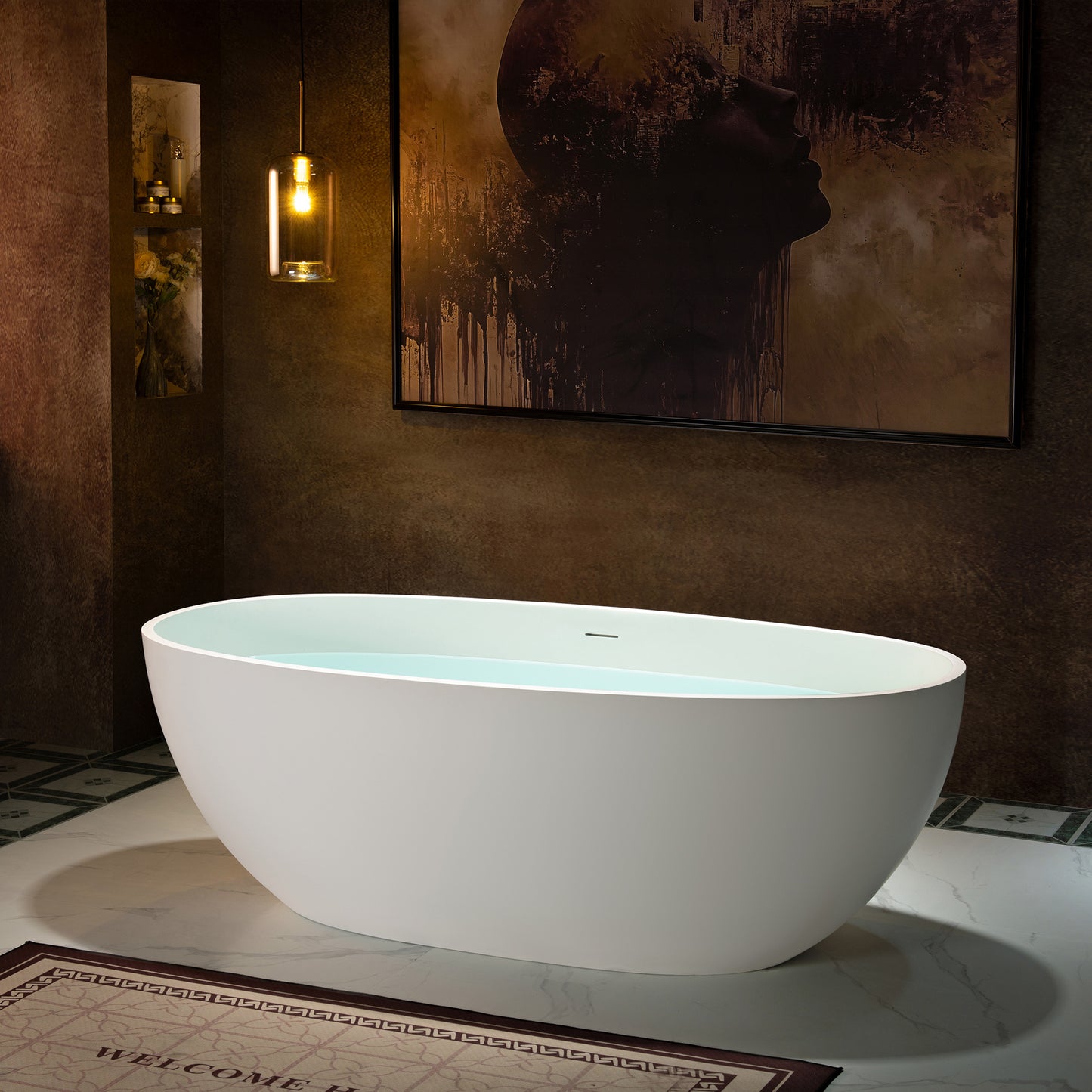 WOODBRIDGE 71" MST0805 | Luxury Contemporary Solid Surface Stone Resin Freestanding Bathtub | Matte White Modern Soaking Tub with Sleek Ergonomic Design