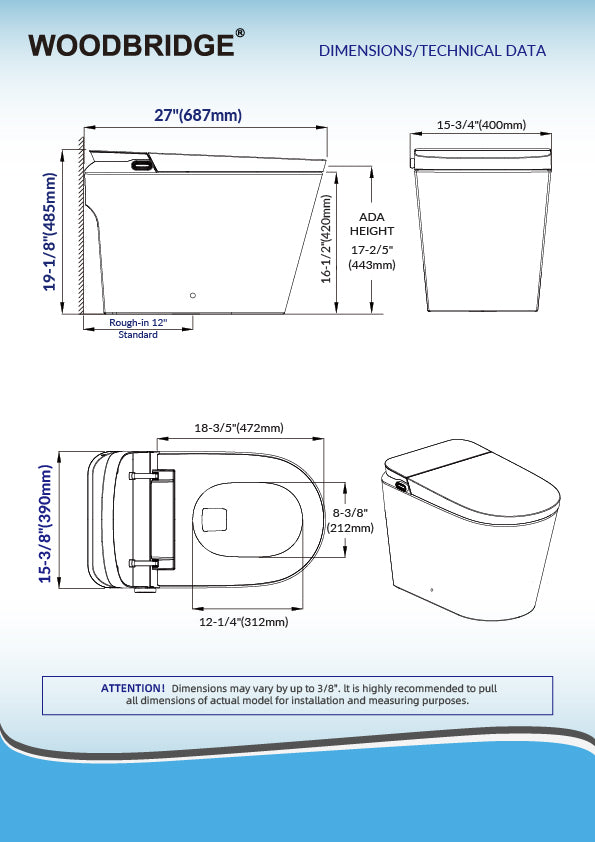 WOODBRIDGE GT076 | Smart Bidet Toilet | Auto Open+Close | Heated Seat | 1000g MaP Flush