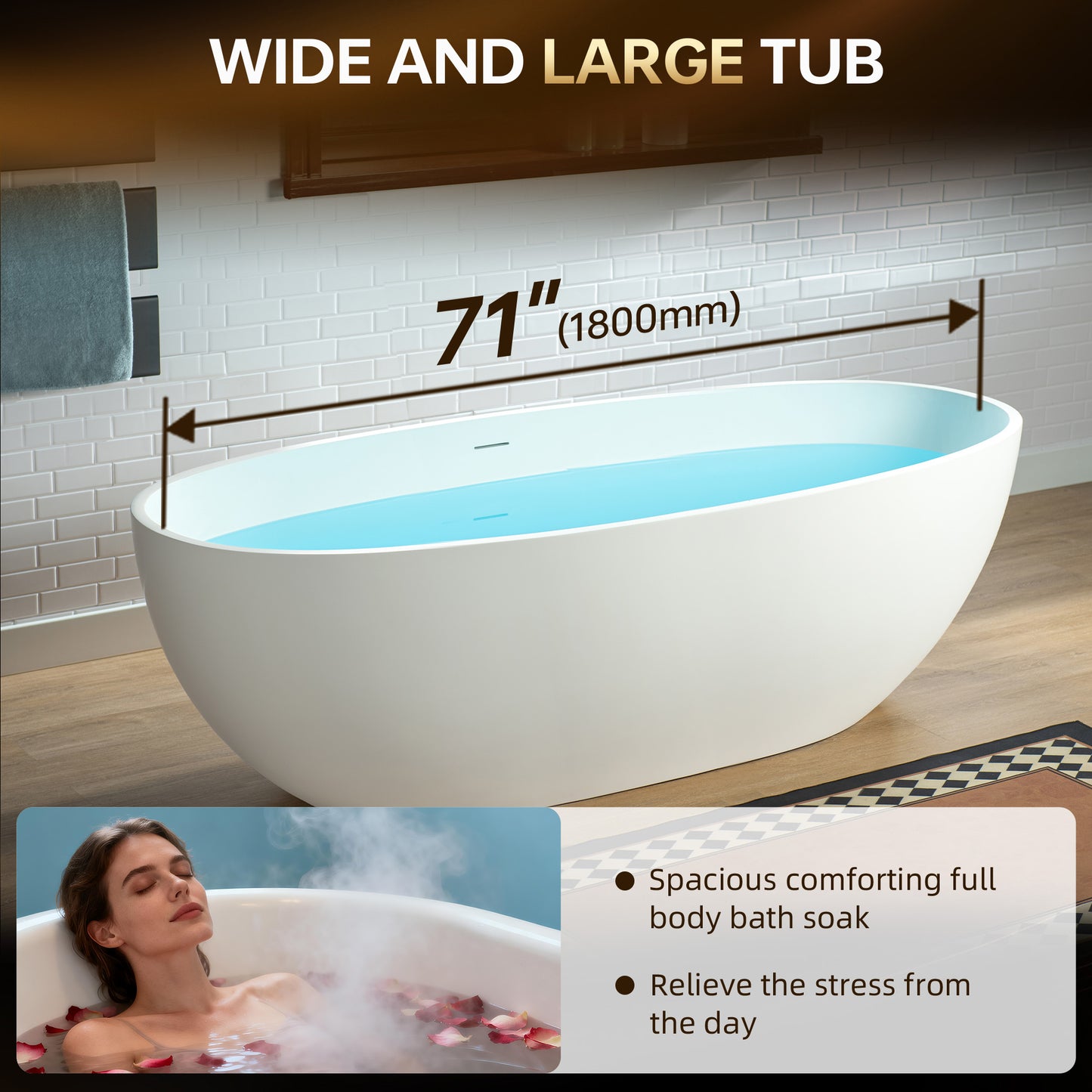 WOODBRIDGE 71" MST0805 | Luxury Contemporary Solid Surface Stone Resin Freestanding Bathtub | Matte White Modern Soaking Tub with Sleek Ergonomic Design