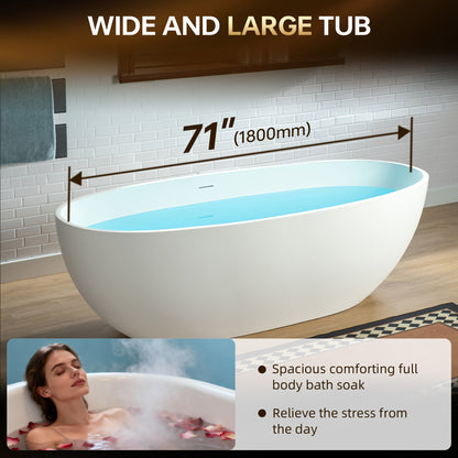 WOODBRIDGE 71" MST0805 | Luxury Contemporary Solid Surface Stone Resin Freestanding Bathtub | Matte White Modern Soaking Tub with Sleek Ergonomic Design