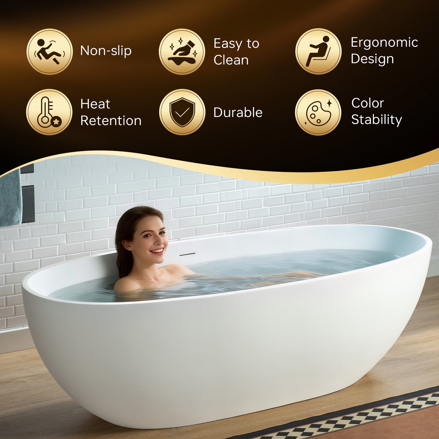 WOODBRIDGE 71" MST0805 | Luxury Contemporary Solid Surface Stone Resin Freestanding Bathtub | Matte White Modern Soaking Tub with Sleek Ergonomic Design