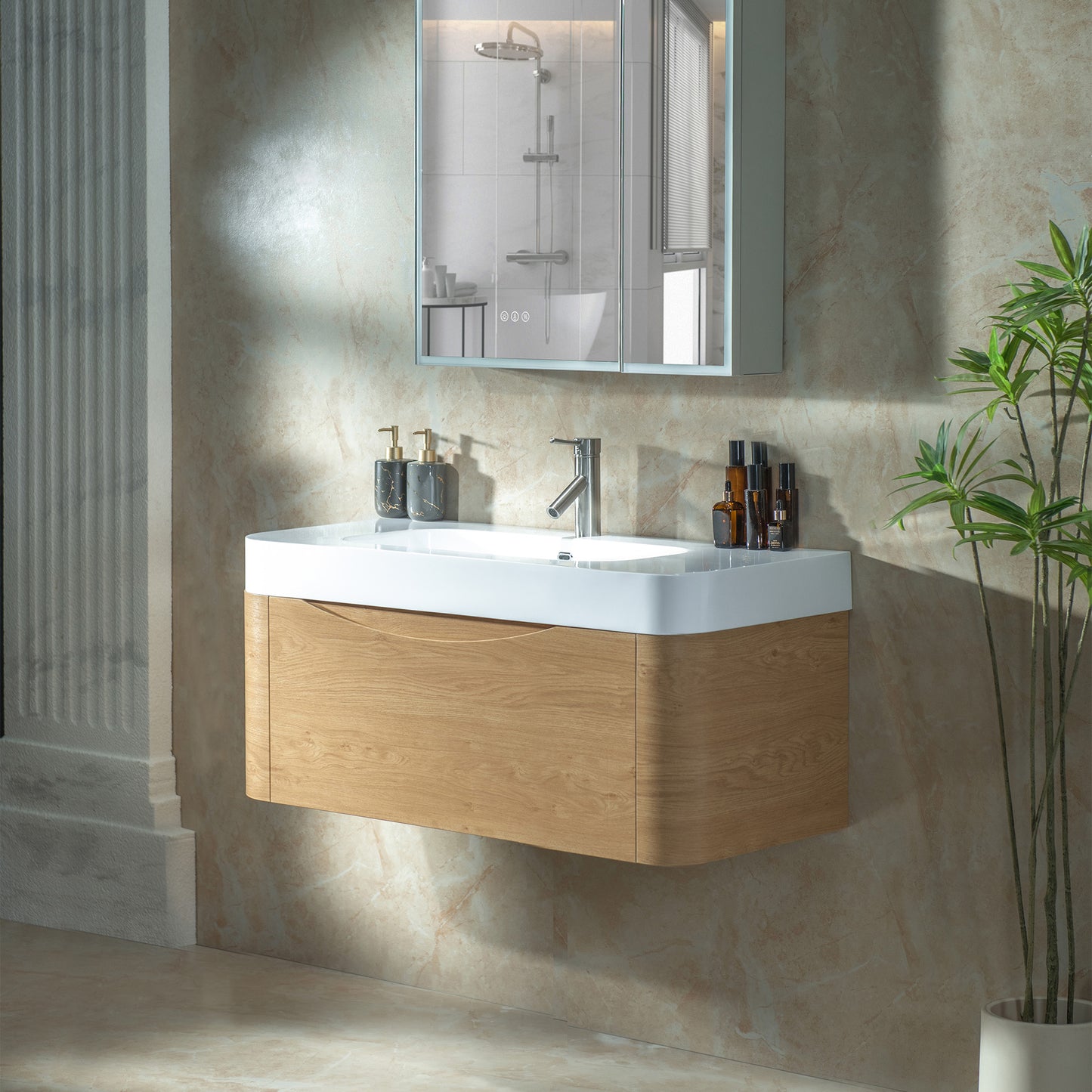 WOODBRIDGE 36" Lucus-36-WH | Wall-Mounted Floating Bathroom Vanity with Integrated White Resin Top, Wood Finish & Soft-Close Drawer