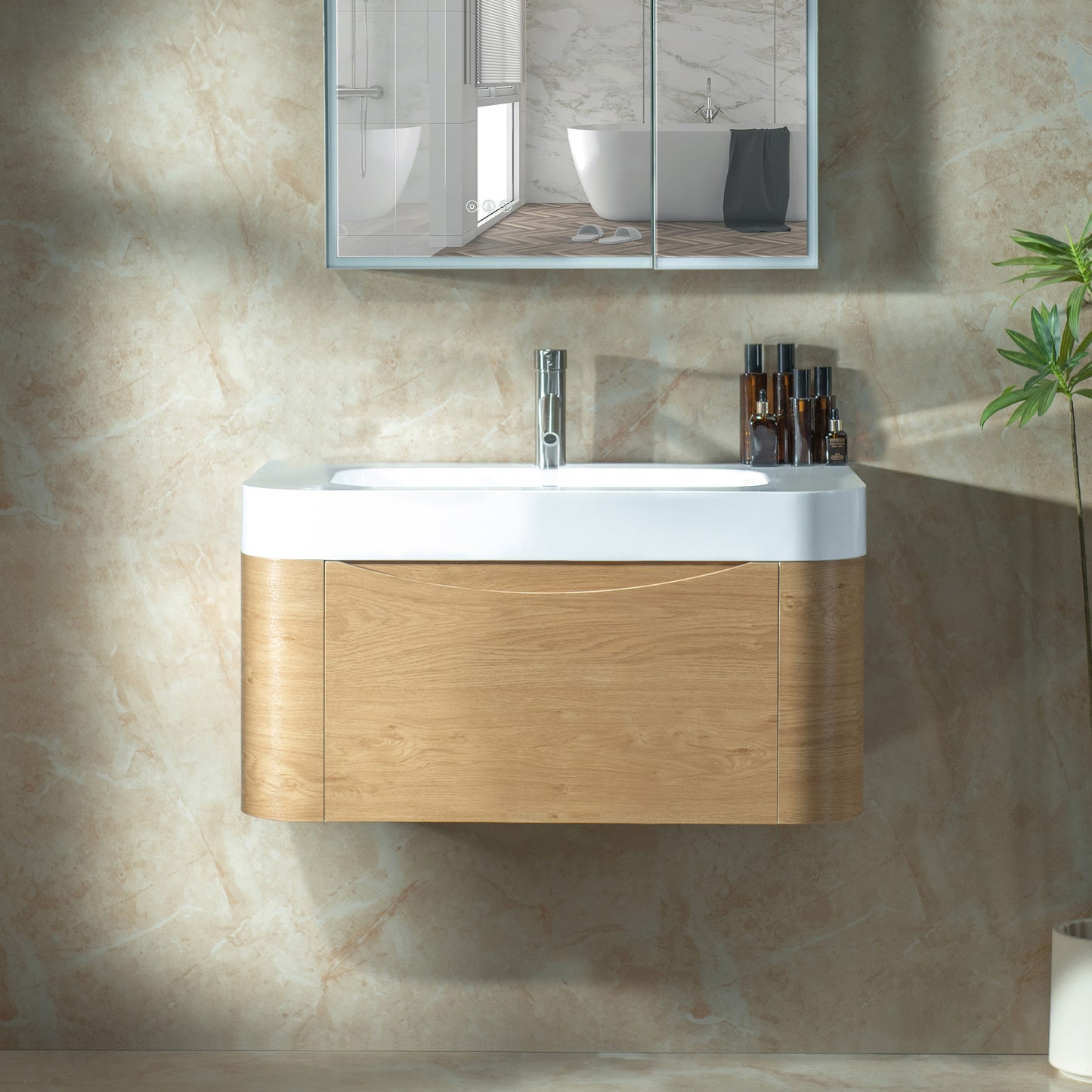 WOODBRIDGE 36" Lucus-36-WH | Wall-Mounted Floating Bathroom Vanity with Integrated White Resin Top, Wood Finish & Soft-Close Drawer