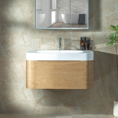 WOODBRIDGE 36" Lucus-36-WH | Wall-Mounted Floating Bathroom Vanity with Integrated White Resin Top, Wood Finish & Soft-Close Drawer