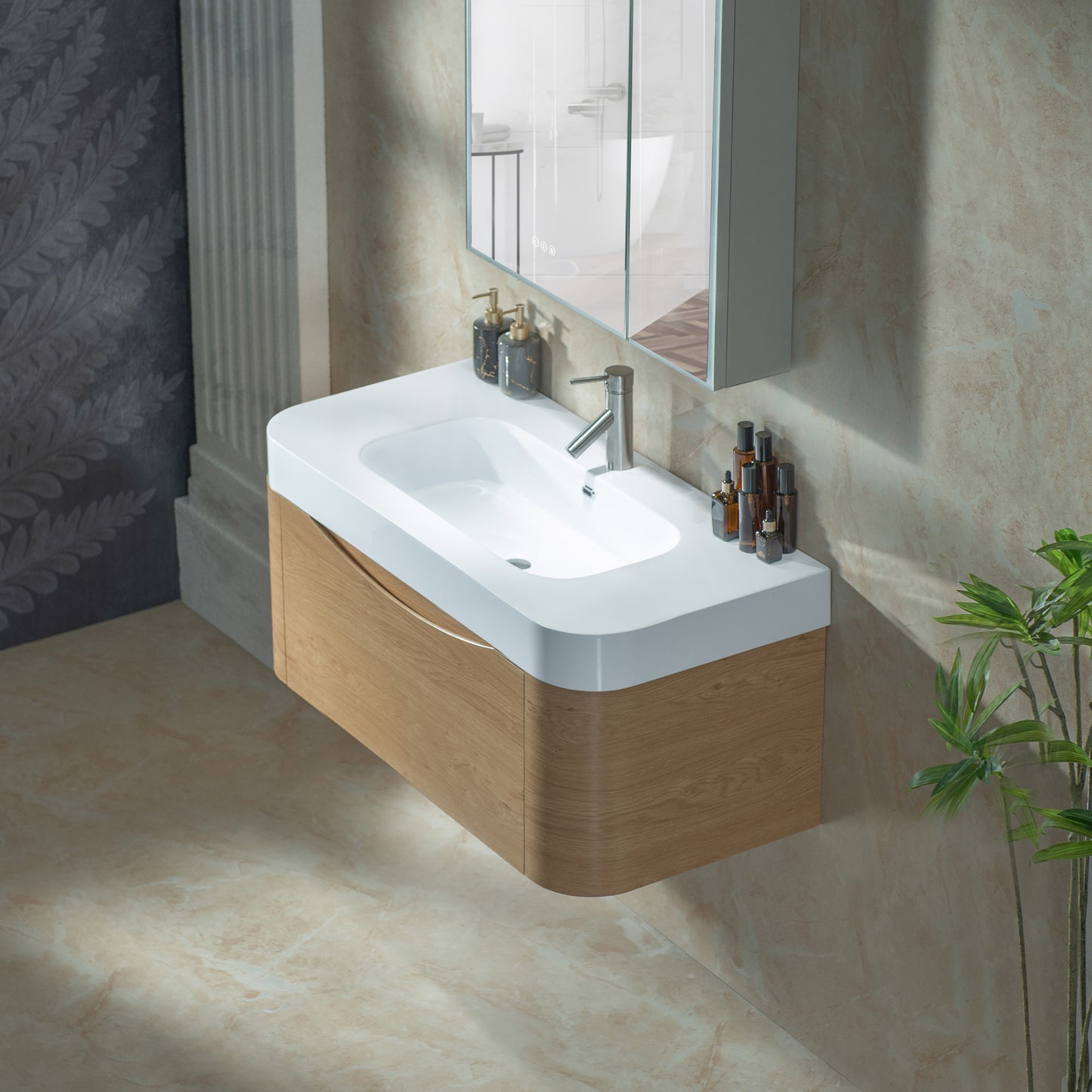 WOODBRIDGE 36" Lucus-36-WH | Wall-Mounted Floating Bathroom Vanity with Integrated White Resin Top, Wood Finish & Soft-Close Drawer