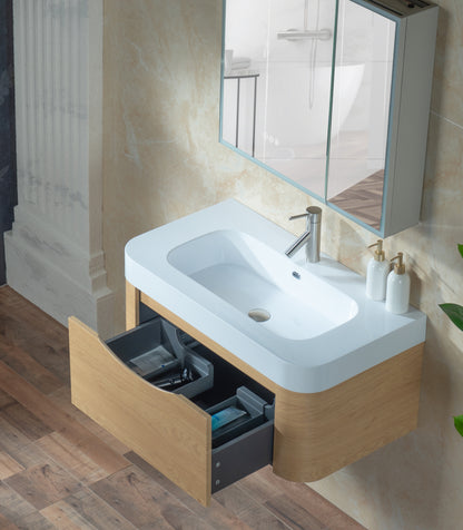 WOODBRIDGE 36" Lucus-36-WH | Wall-Mounted Floating Bathroom Vanity with Integrated White Resin Top, Wood Finish & Soft-Close Drawer