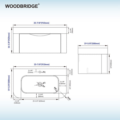 WOODBRIDGE 36" Lucus-36-WH | Wall-Mounted Floating Bathroom Vanity with Integrated White Resin Top, Wood Finish & Soft-Close Drawer