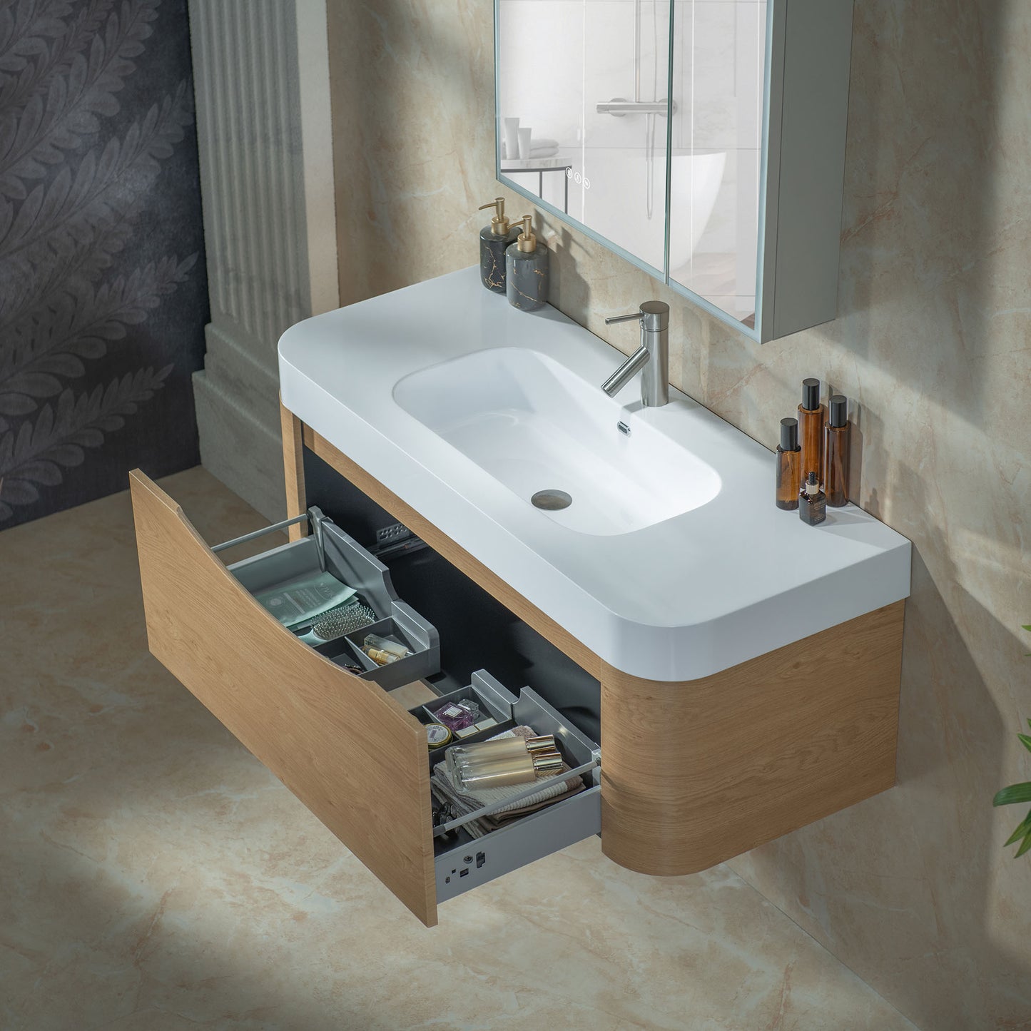 WOODBRIDGE 48" Lucus-48-WH | Wall-Mounted Floating Bathroom Vanity with White Resin Top & Wood Finish