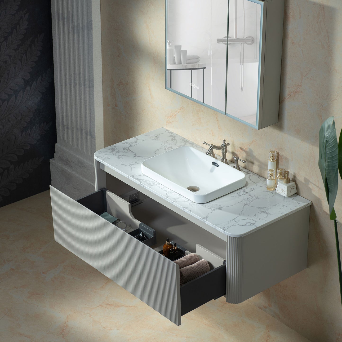 WOODBRIDGE 48" Mist-48-WH | Wall-Mounted Floating Bathroom Vanity with White Integrated Sink & Gray Cabinet