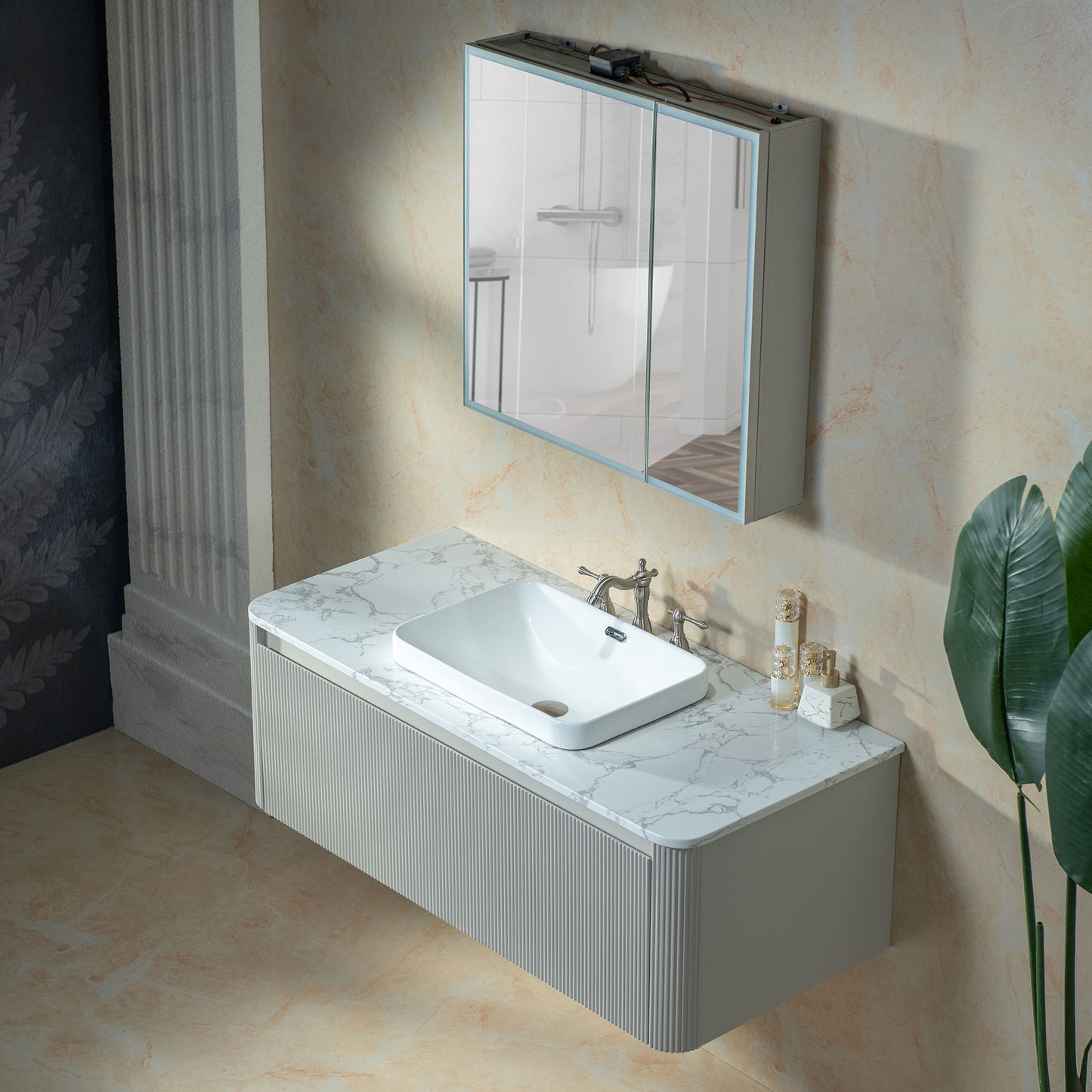 WOODBRIDGE 48" Mist-48-WH | Wall-Mounted Floating Bathroom Vanity with White Integrated Sink & Gray Cabinet