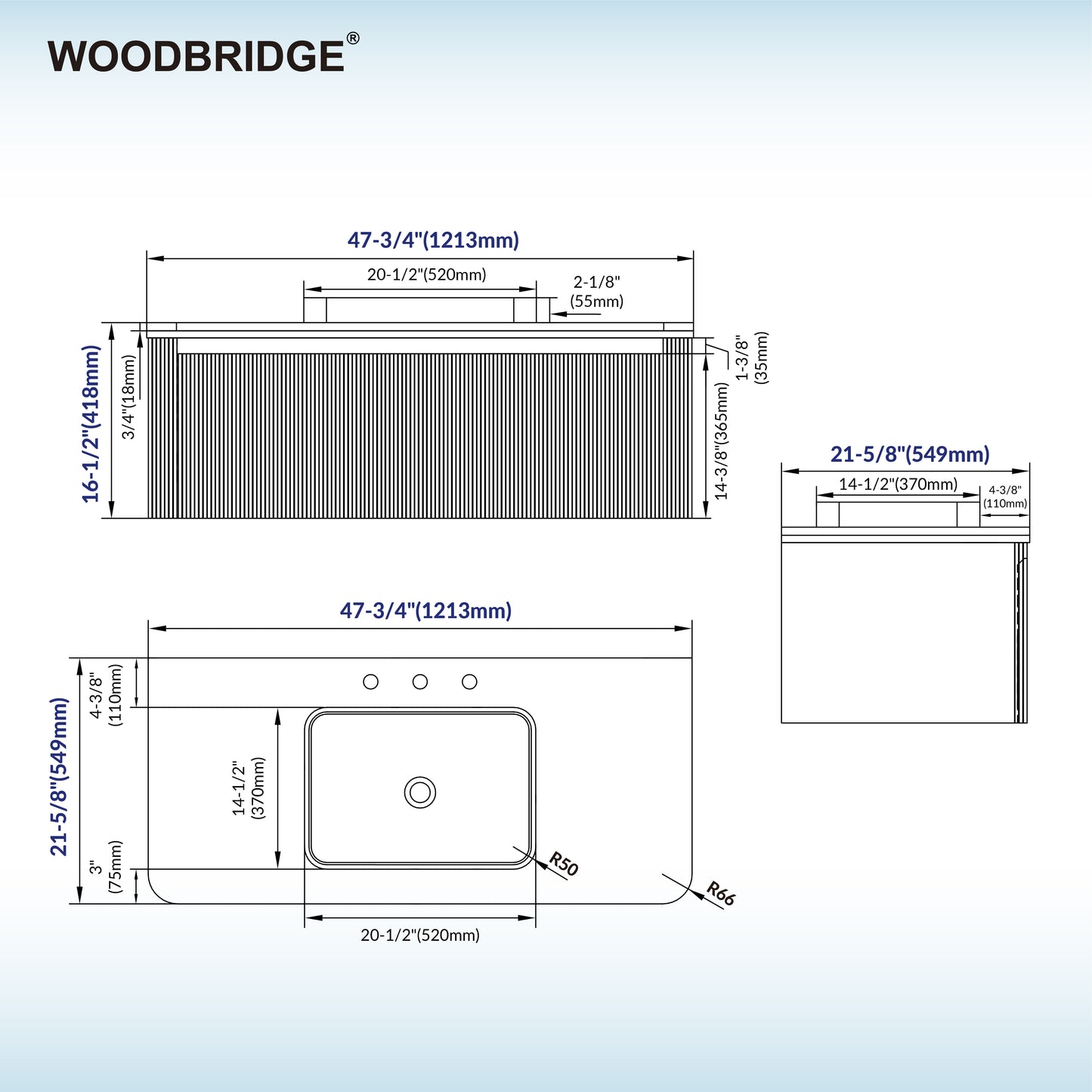 WOODBRIDGE 48" Mist-48-WH | Wall-Mounted Floating Bathroom Vanity with White Integrated Sink & Gray Cabinet
