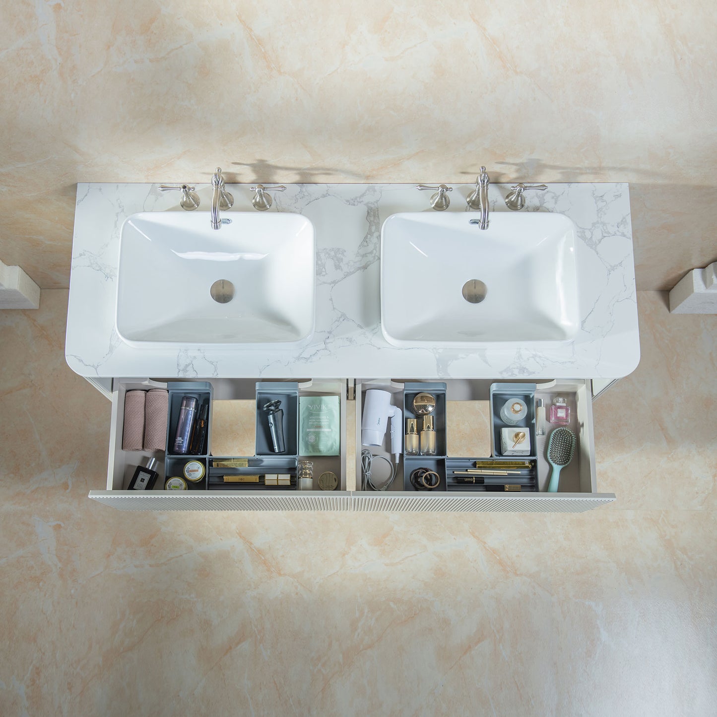 WOODBRIDGE 60" Mist-60D-WH | Wall-Mounted Floating Double Bathroom Vanity with Integrated White Sinks & Gray Cabinet