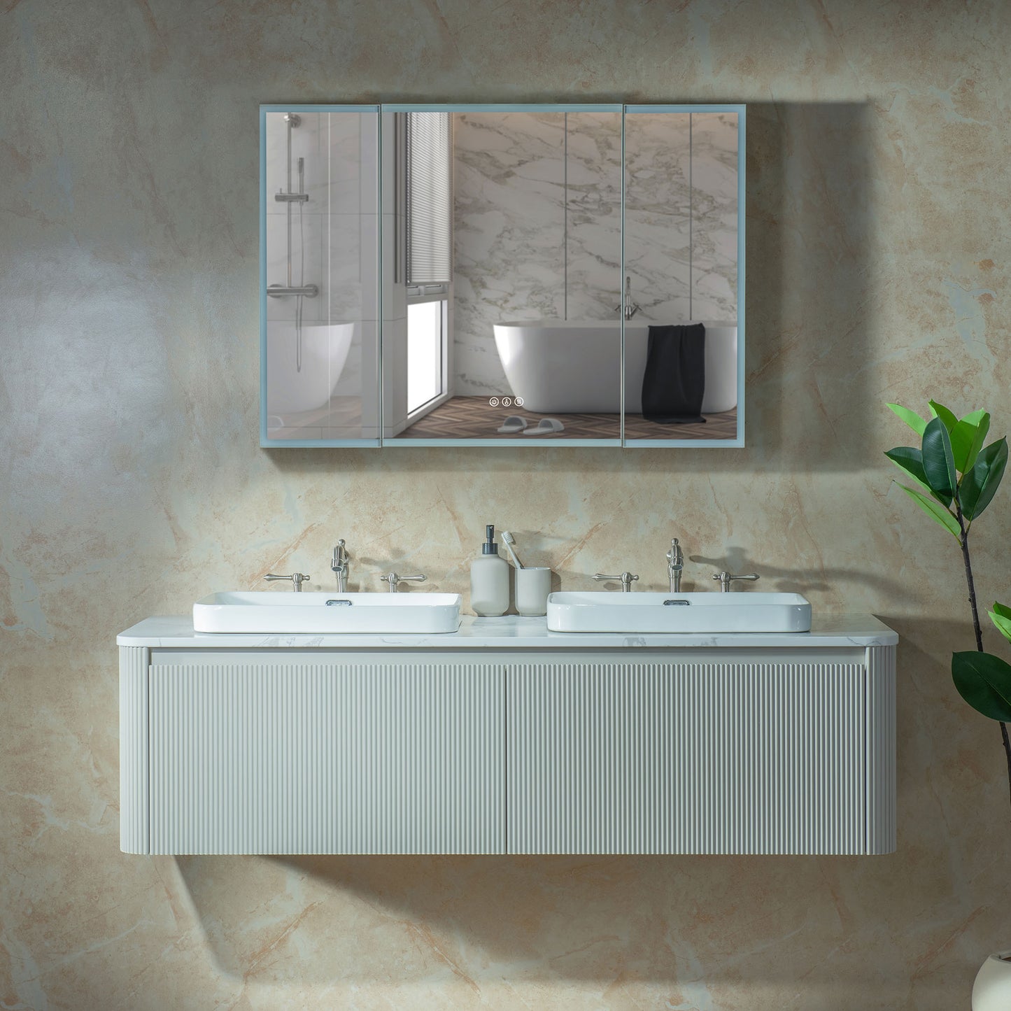 WOODBRIDGE 60" Mist-60D-WH | Wall-Mounted Floating Double Bathroom Vanity with Integrated White Sinks & Gray Cabinet