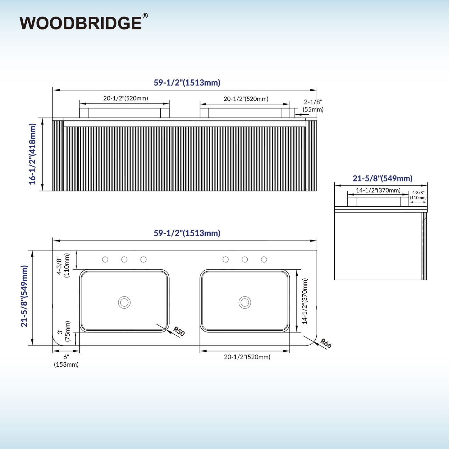 WOODBRIDGE 60" Mist-60D-WH | Wall-Mounted Floating Double Bathroom Vanity with Integrated White Sinks & Gray Cabinet
