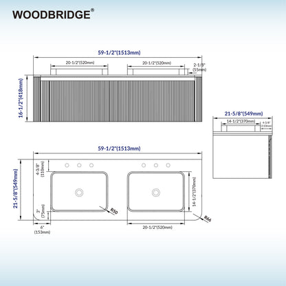 WOODBRIDGE 60" Mist-60D-WH | Wall-Mounted Floating Double Bathroom Vanity with Integrated White Sinks & Gray Cabinet