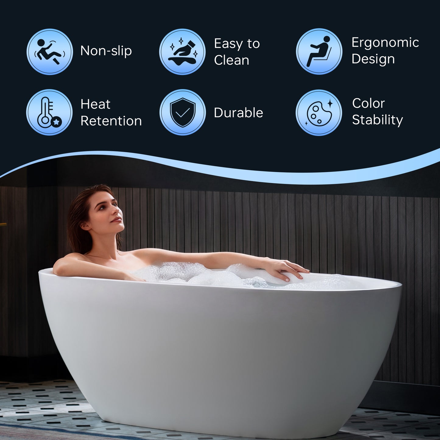 WOODBRIDGE 63" MST0801 | Luxury Contemporary Solid Surface Stone Resin Freestanding Bathtub | Matte White Modern Soaking Tub with Sleek Ergonomic Design