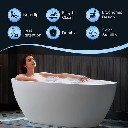 WOODBRIDGE 63" MST0801 | Luxury Contemporary Solid Surface Stone Resin Freestanding Bathtub | Matte White Modern Soaking Tub with Sleek Ergonomic Design