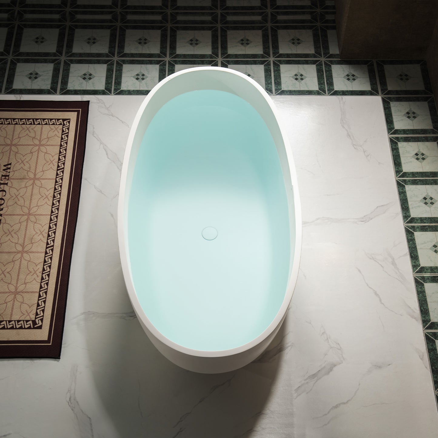 WOODBRIDGE 59" B0055 | Stone Resin Freestanding Soaking Bathtub | Matte White Solid Surface Oval Tub with Integrated Slotted Overflow & Drain