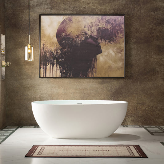 WOODBRIDGE 59" B0055 | Stone Resin Freestanding Soaking Bathtub | Matte White Solid Surface Oval Tub with Integrated Slotted Overflow & Drain