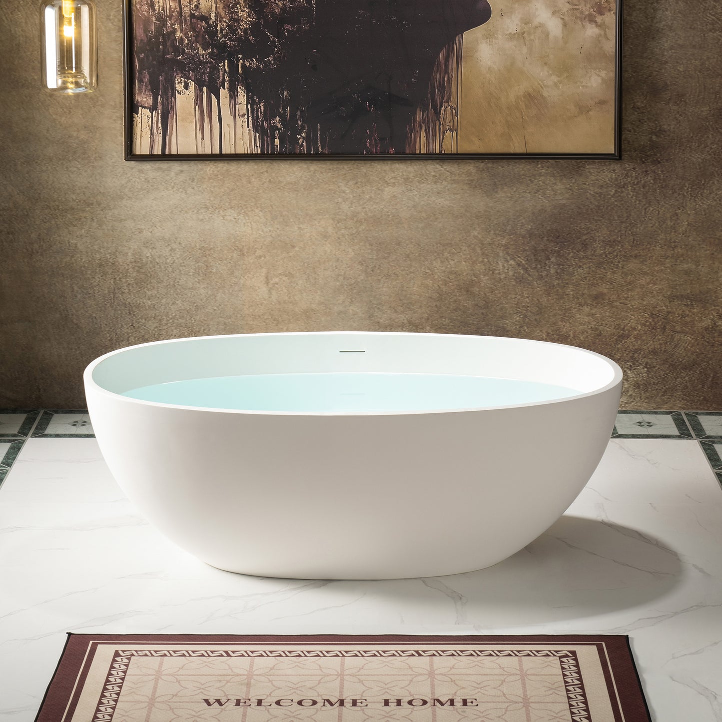 WOODBRIDGE 59" B0055 | Stone Resin Freestanding Soaking Bathtub | Matte White Solid Surface Oval Tub with Integrated Slotted Overflow & Drain