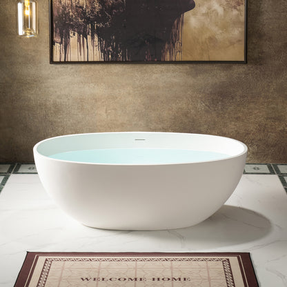 WOODBRIDGE 59" B0055 | Stone Resin Freestanding Soaking Bathtub | Matte White Solid Surface Oval Tub with Integrated Slotted Overflow & Drain