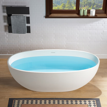 WOODBRIDGE 67" B0045-2.0 | Stone Resin Freestanding Soaking Bathtub | Matte White Solid Surface Oval Tub with Integrated Slotted Overflow & Drain