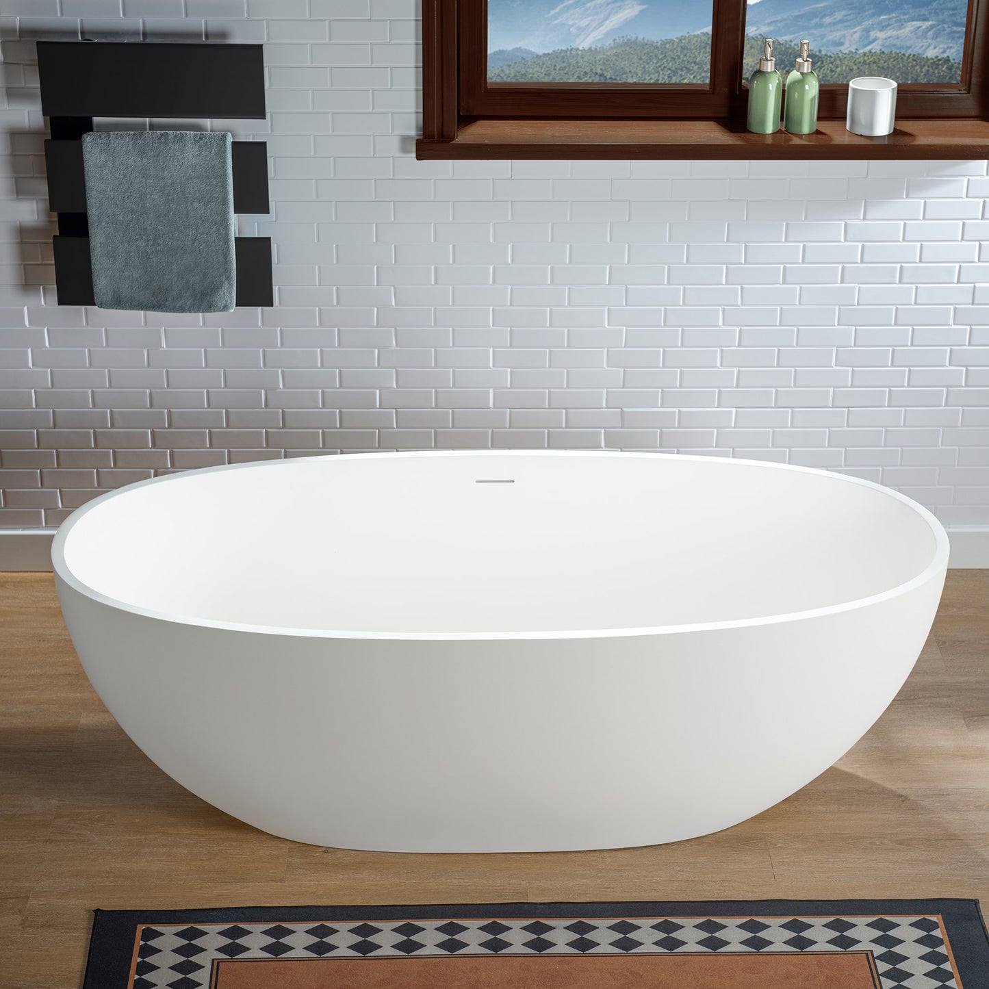 WOODBRIDGE 67" B0045-2.0 | Stone Resin Freestanding Soaking Bathtub | Matte White Solid Surface Oval Tub with Integrated Slotted Overflow & Drain