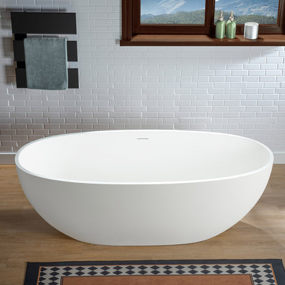 WOODBRIDGE 67" B0045-2.0 | Stone Resin Freestanding Soaking Bathtub | Matte White Solid Surface Oval Tub with Integrated Slotted Overflow & Drain