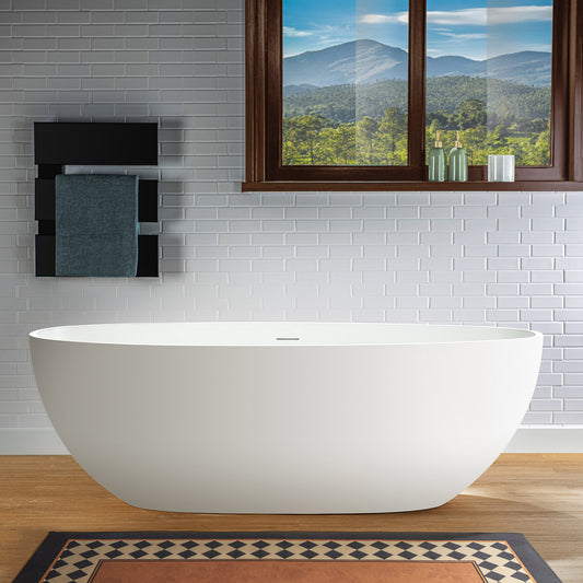 WOODBRIDGE 67" B0045-2.0 | Stone Resin Freestanding Soaking Bathtub | Matte White Solid Surface Oval Tub with Integrated Slotted Overflow & Drain