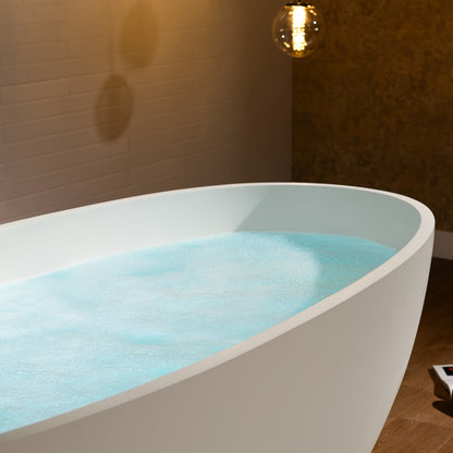 WOODBRIDGE 67" B0045-2.0 | Stone Resin Freestanding Soaking Bathtub | Matte White Solid Surface Oval Tub with Integrated Slotted Overflow & Drain