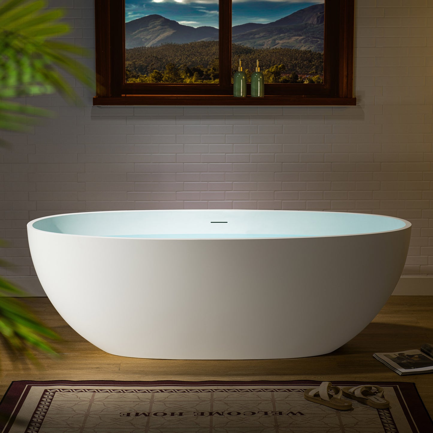 WOODBRIDGE 67" B0045-2.0 | Stone Resin Freestanding Soaking Bathtub | Matte White Solid Surface Oval Tub with Integrated Slotted Overflow & Drain