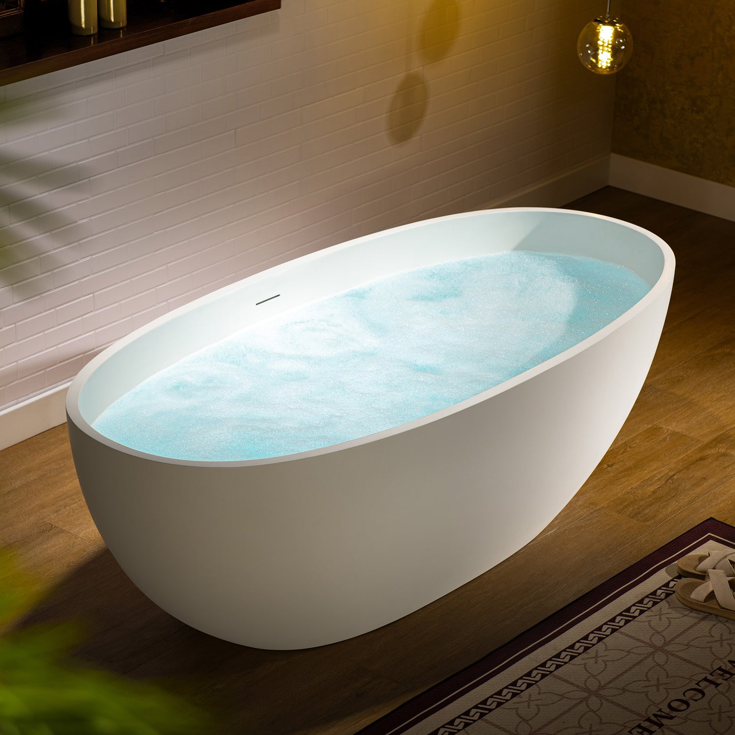 WOODBRIDGE 67" B0045-2.0 | Stone Resin Freestanding Soaking Bathtub | Matte White Solid Surface Oval Tub with Integrated Slotted Overflow & Drain