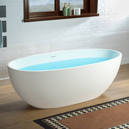 WOODBRIDGE 67" B0045-2.0 | Stone Resin Freestanding Soaking Bathtub | Matte White Solid Surface Oval Tub with Integrated Slotted Overflow & Drain