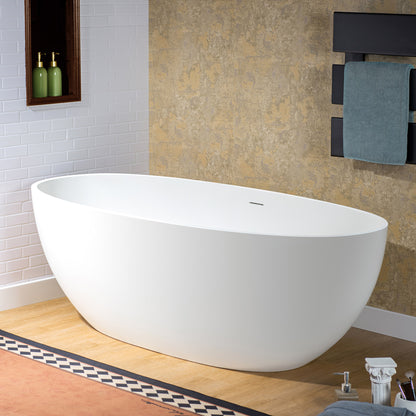 WOODBRIDGE 67" B0045-2.0 | Stone Resin Freestanding Soaking Bathtub | Matte White Solid Surface Oval Tub with Integrated Slotted Overflow & Drain