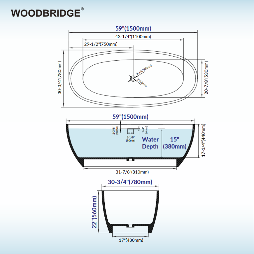 WOODBRIDGE 59" B0055 | Stone Resin Freestanding Soaking Bathtub | Matte White Solid Surface Oval Tub with Integrated Slotted Overflow & Drain